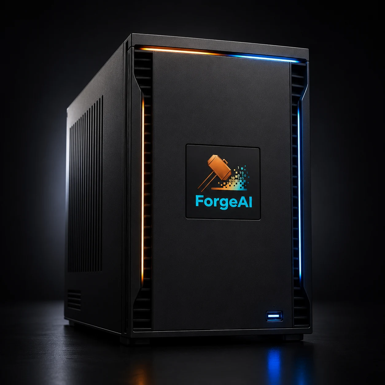 ForgeAI on-premise hardware chassis with cyan and amber status illumination.