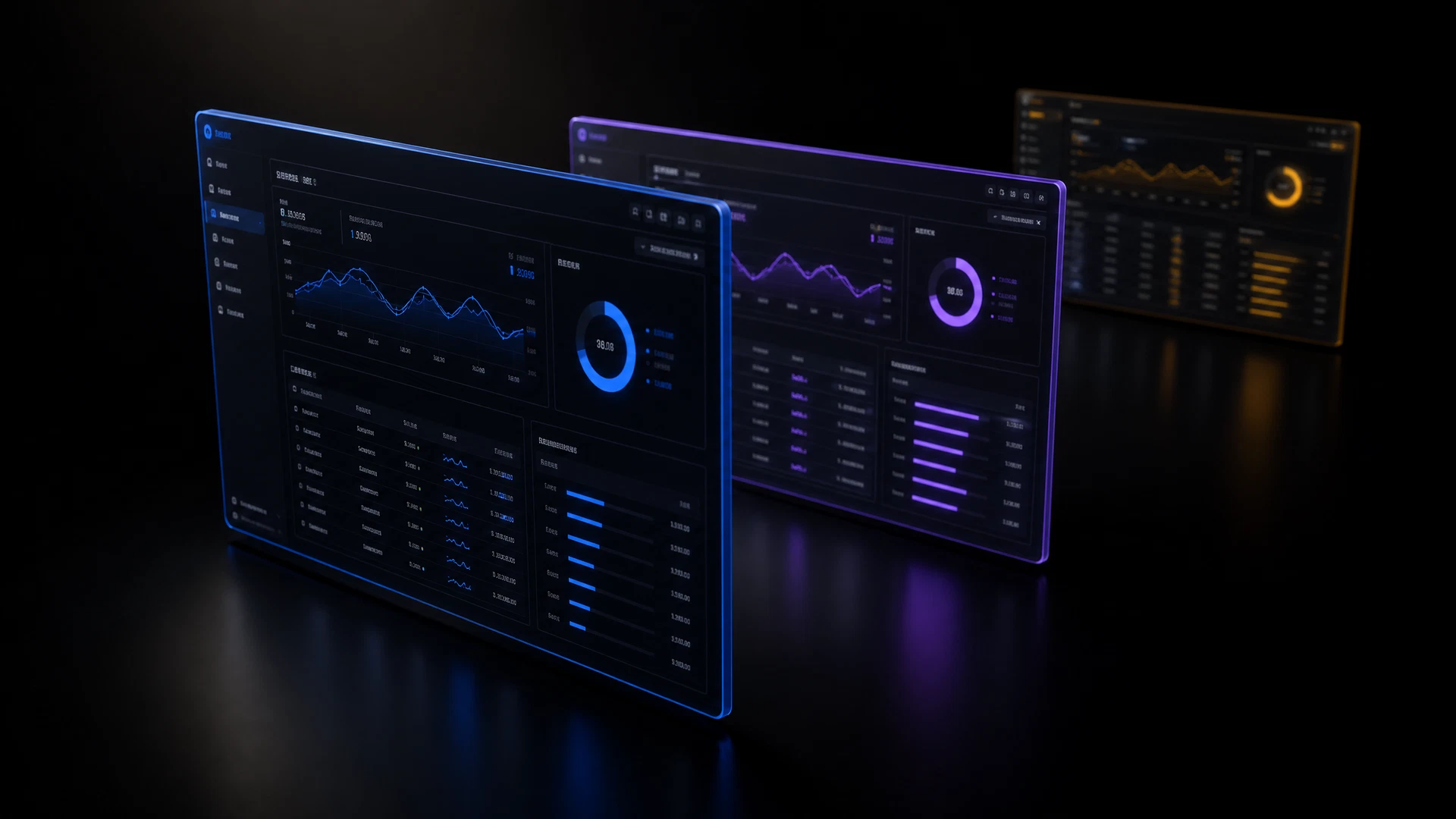 Three forced-perspective dark application dashboards with blue, violet, and amber highlights