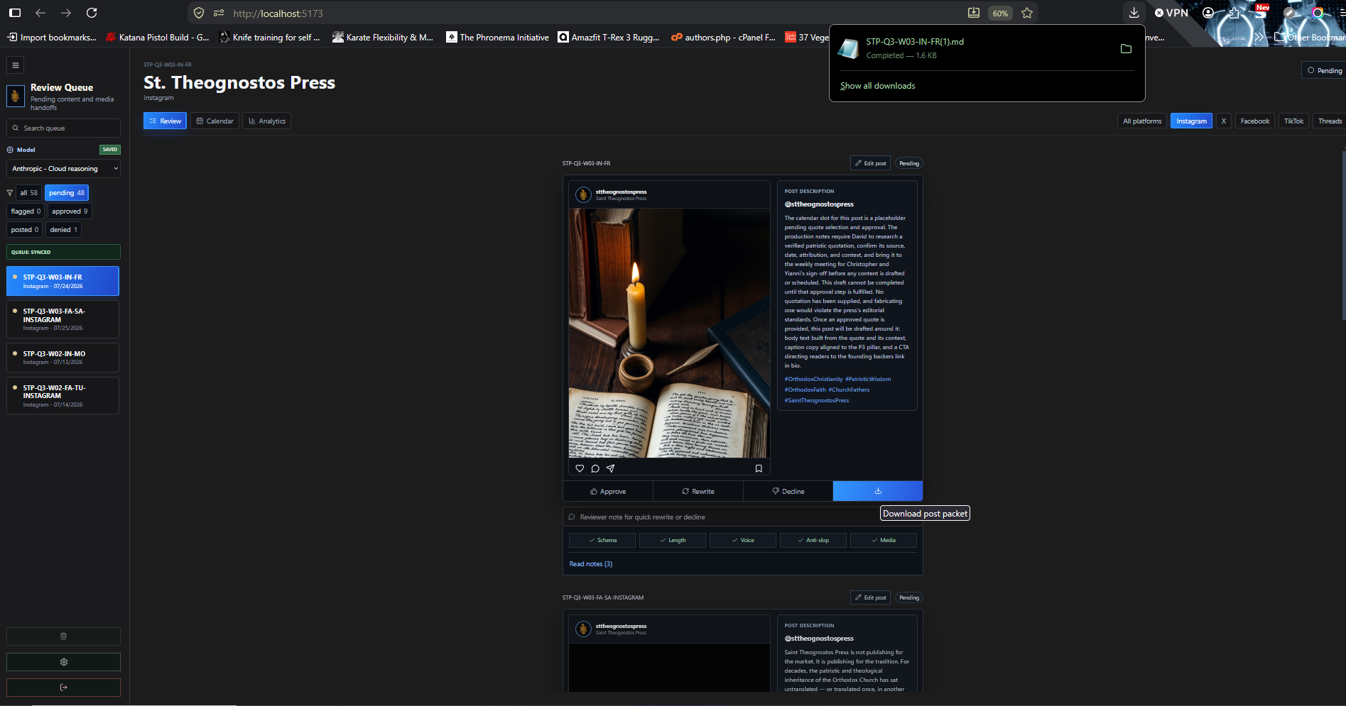 Rubato review queue interface showing an Instagram draft and downloadable post packet.