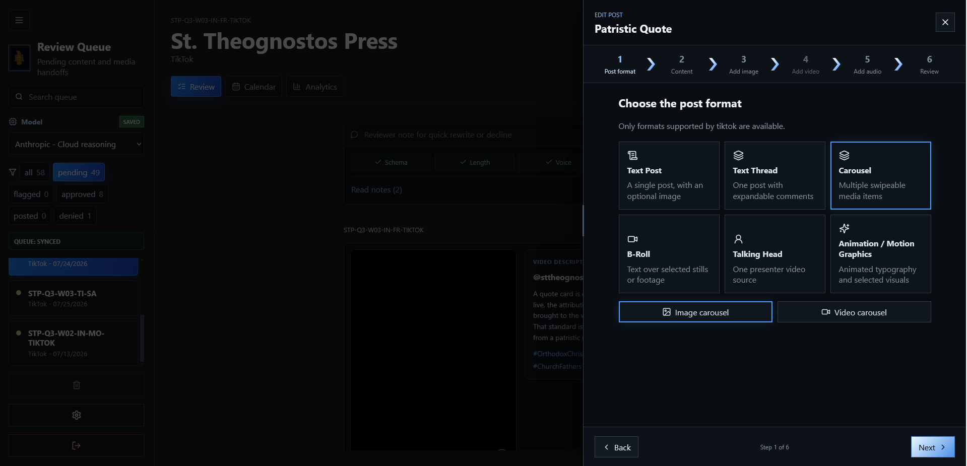 Rubato post editor interface showing a review queue and selectable content formats.