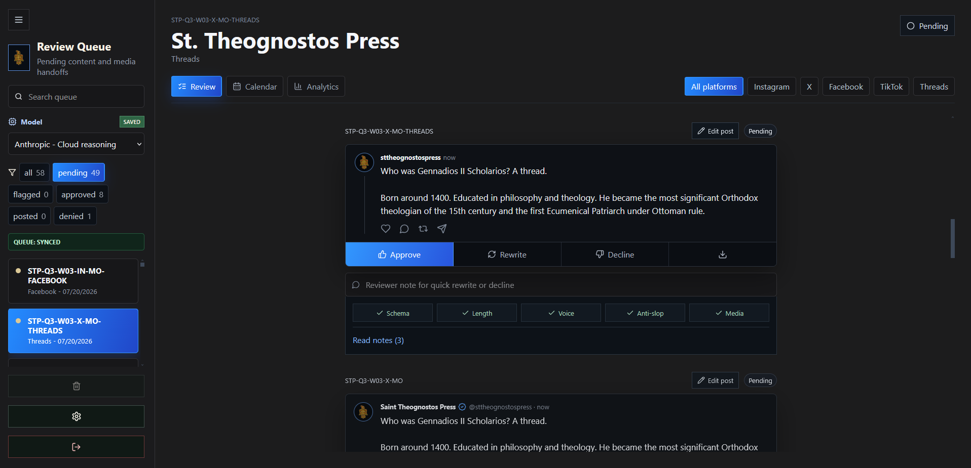 Rubato review queue interface showing pending social content with approval, rewrite, and decline controls.