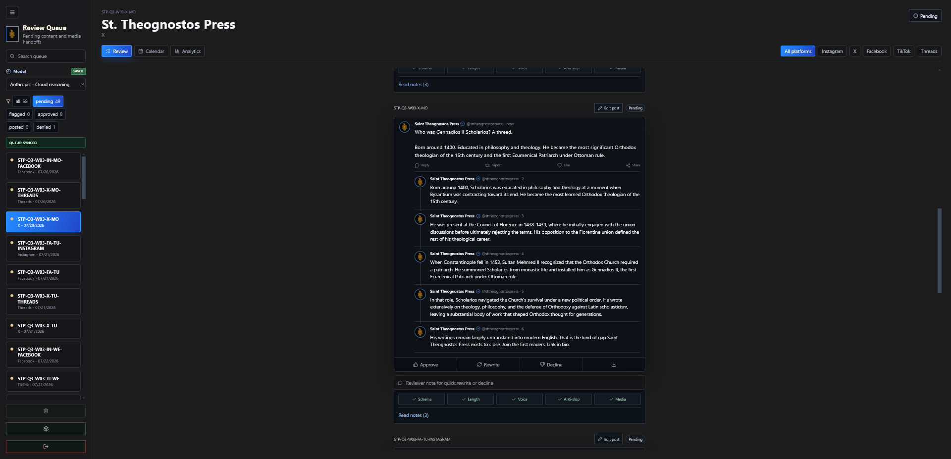 Rubato review queue interface showing a completed social thread ready for manual posting.