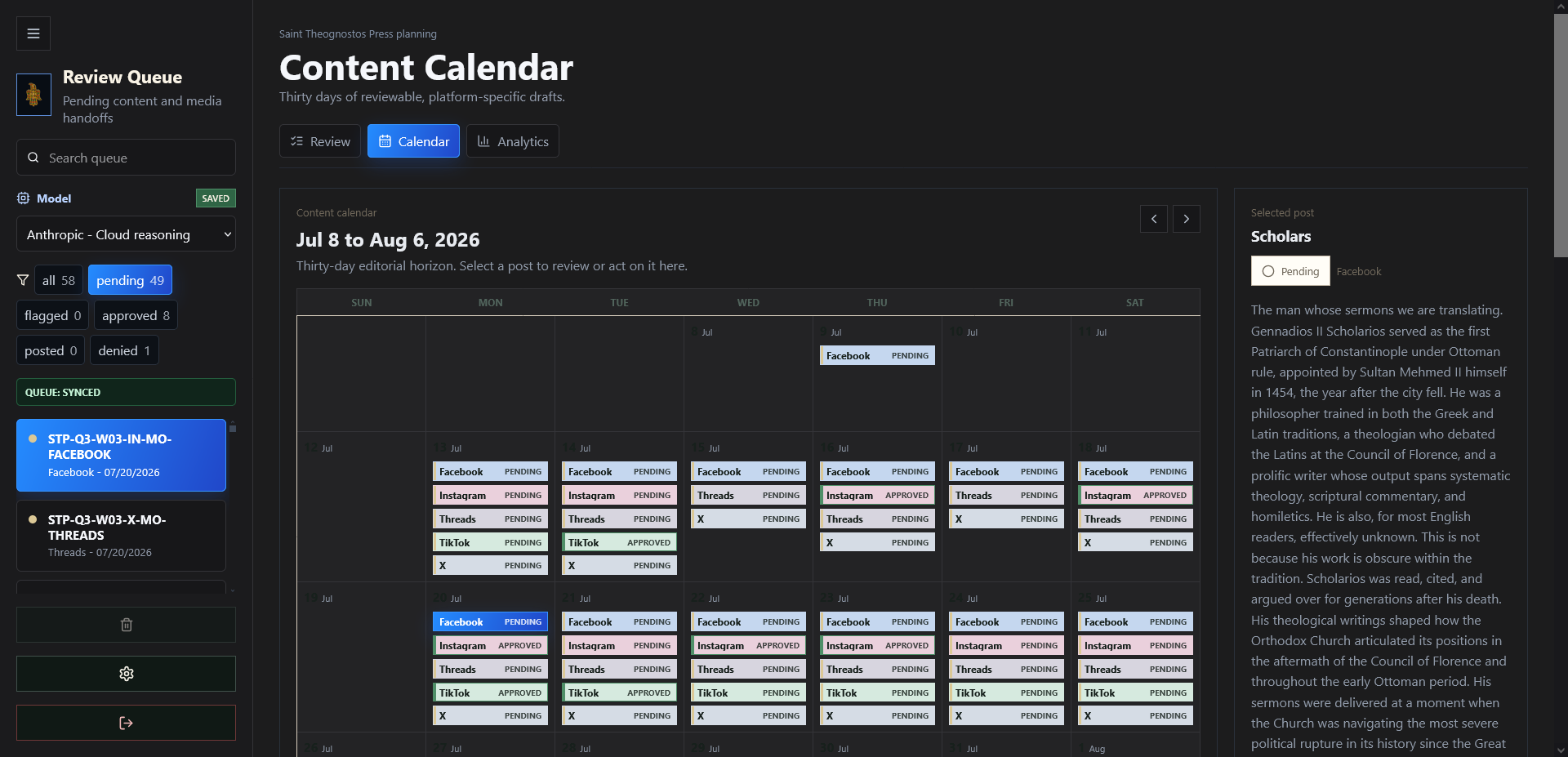 Rubato content calendar interface showing thirty days of platform-specific social drafts and review status.